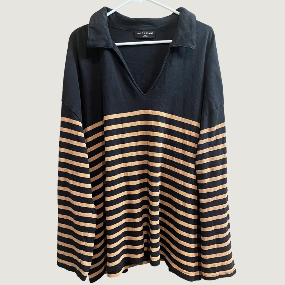 Lane Bryant Polo Top Womens 22/24 Black Tan Striped V-Neck Long Sleeve Tunic